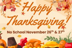 happy thanksgiving graphic with cartoon leaves, pilgrim hat, turkey